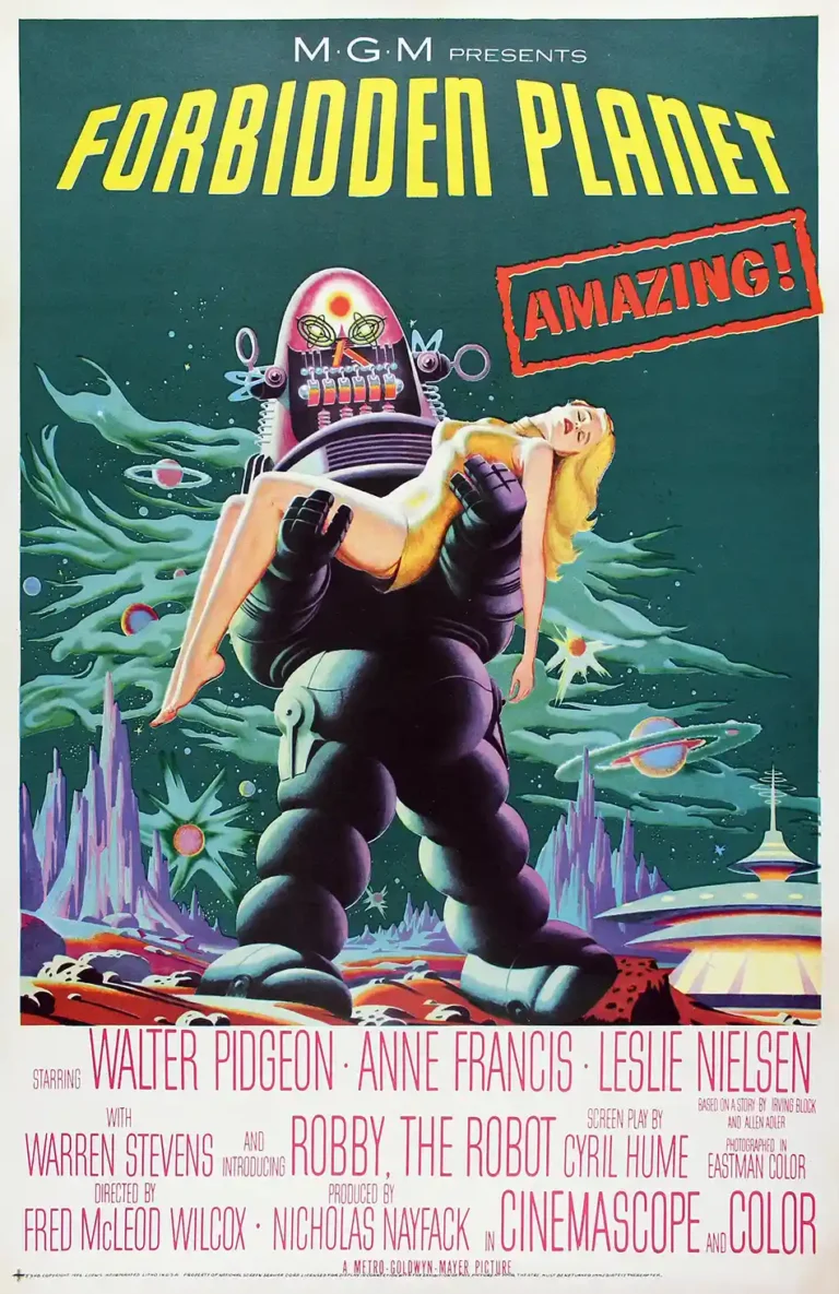 Forbidden Planet movie poster featuring the iconic Robby the Robot carrying Altaira on the alien landscape of Altair IV, 1956 vintage artwork.