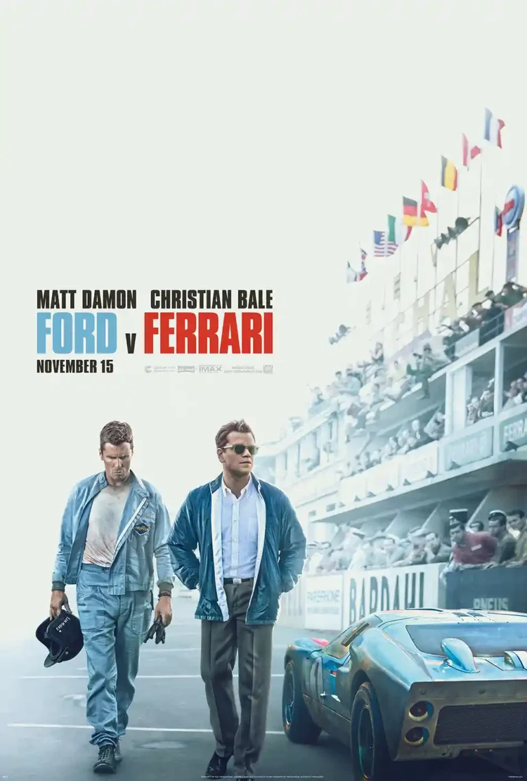 Ford v Ferrari movie poster featuring Christian Bale and Matt Damon walking alongside the iconic blue Ford GT40 race car at Le Mans.