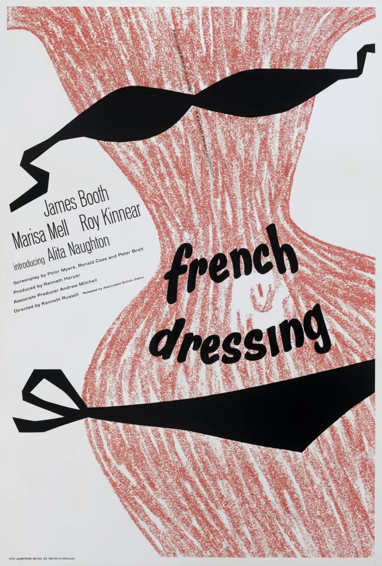 French Dressing Movie poster featuring a minimalist female silhouette in a black bikini against a red textured background, directed by Kenneth Russell.