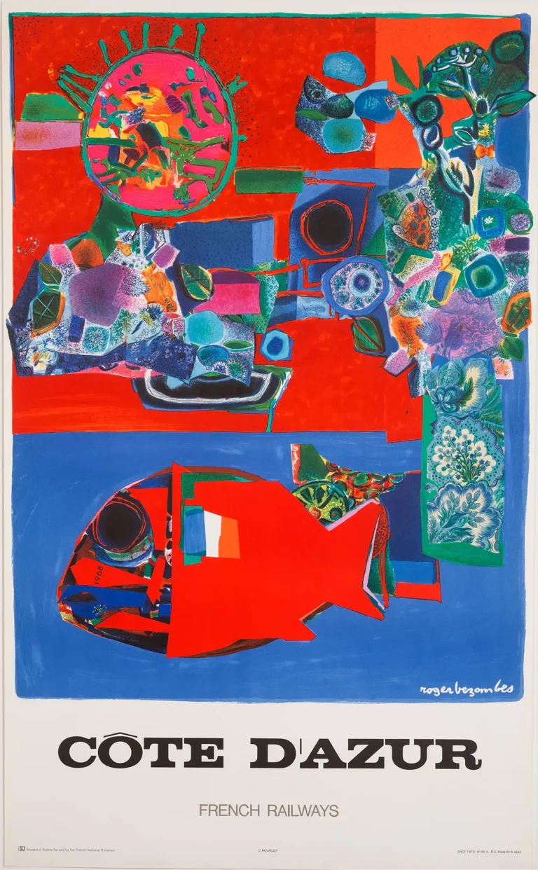 Roger Bezombes Côte d'Azur vintage travel poster featuring a red abstract fish, sun, and bold Pop Art colors on a blue background.