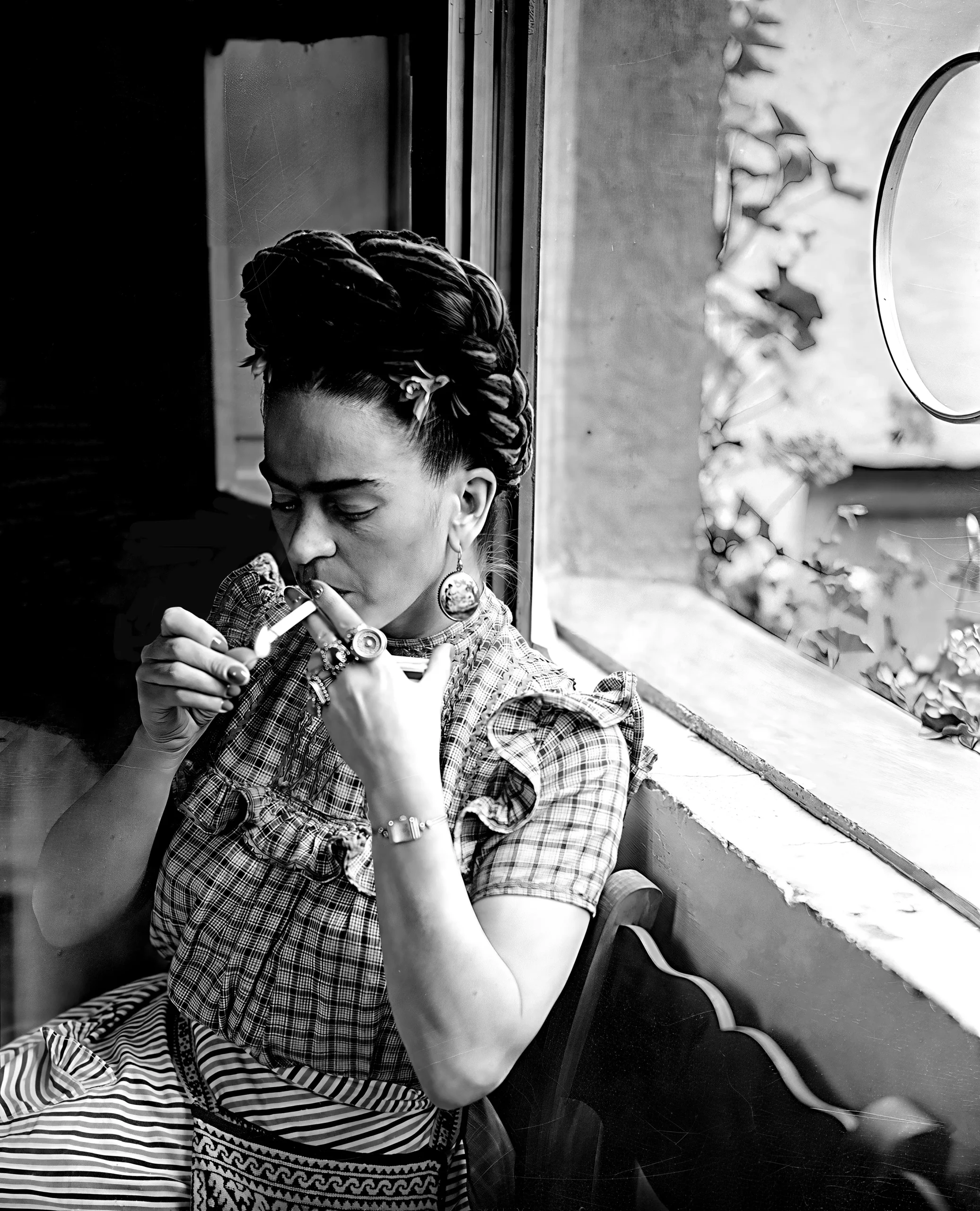 Frida Kahlo poster — smoking black and white vintage photography print, museum-quality wall art