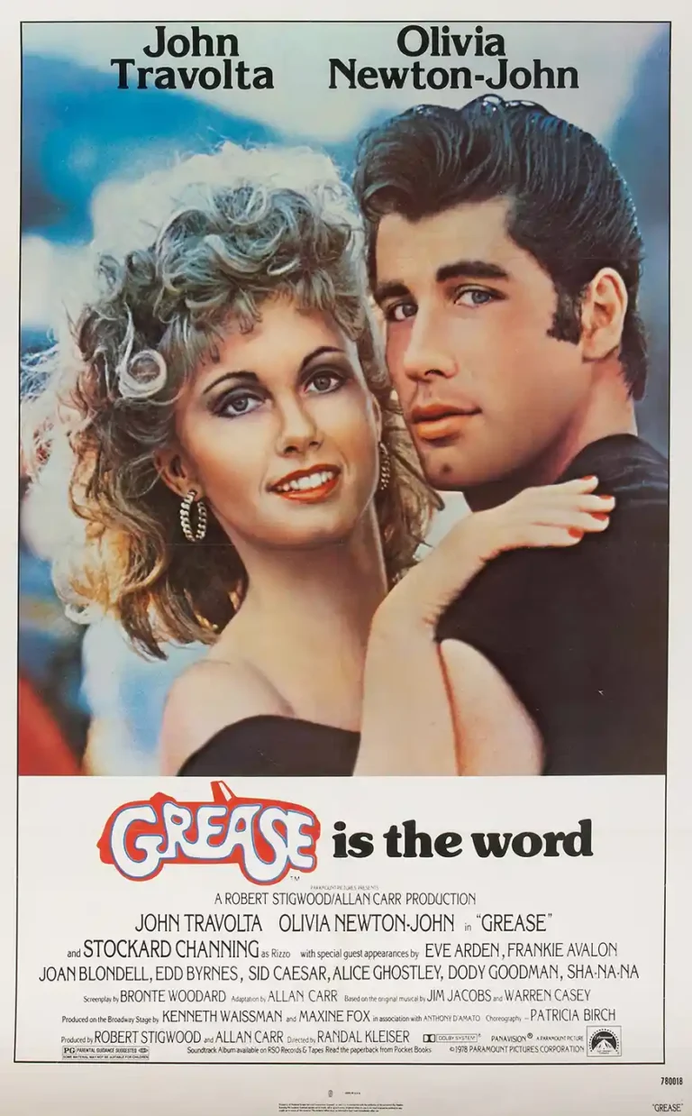 Grease 1978 musical movie poster featuring John Travolta as Danny Zuko and Olivia Newton-John as Sandy Olsson in a classic 50s embrace.