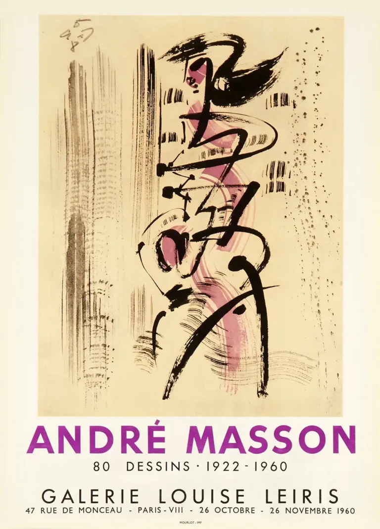 André Masson Art Exhibition poster from 1960 featuring bold black and magenta abstract, calligraphic brushstrokes on a vintage cream background.