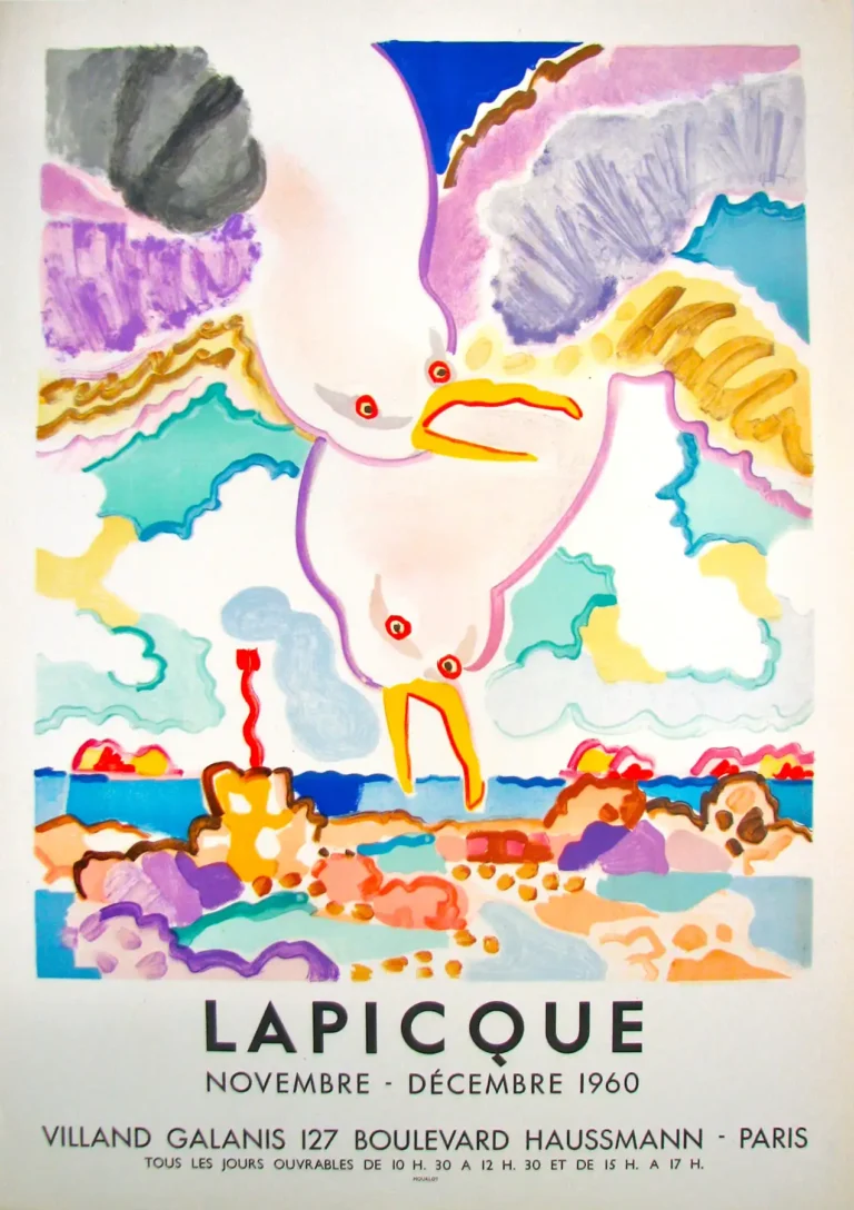 Charles Lapicque abstract exhibition poster from 1960 featuring brightly colored, expressionist seagulls over a multi-hued coastline, with gallery typography at the bottom.