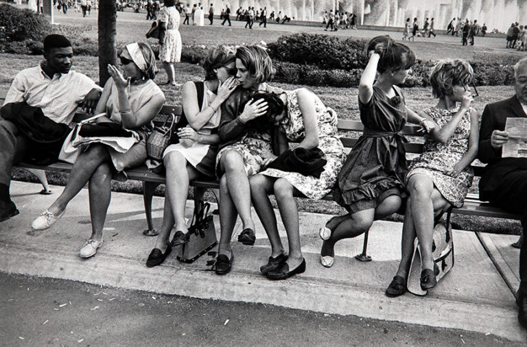 Garry Winogrand Photography poster featuring people sitting closely on a park bench in Central Park, New York, 1960s, black and white street scene.