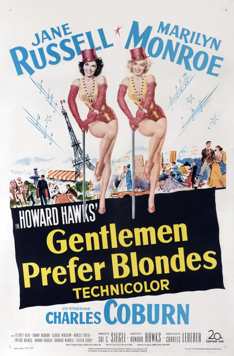 Gentlemen Prefer Blondes Movie poster featuring Marilyn Monroe and Jane Russell in iconic pink stage costumes, set above the Eiffel Tower.