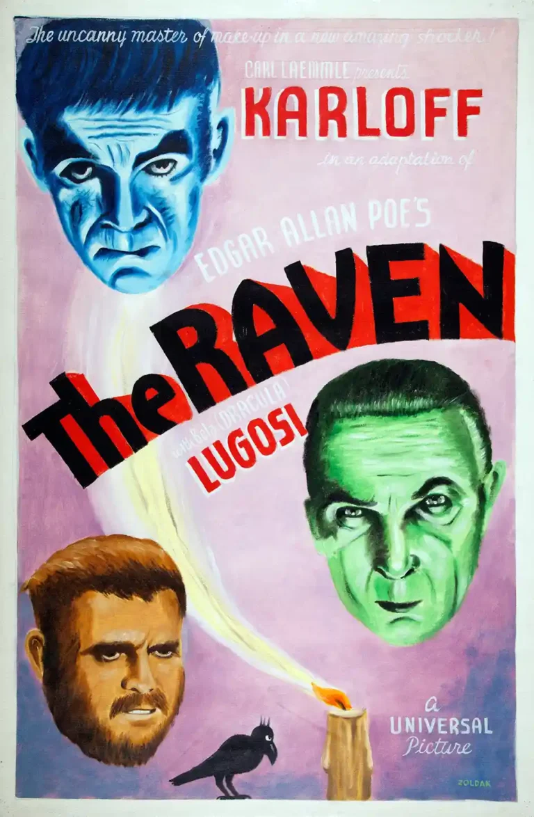 The Raven (1935) horror movie poster featuring highly stylized, colorful portraits of Boris Karloff and Bela Lugosi, created by artist George Zoldak.