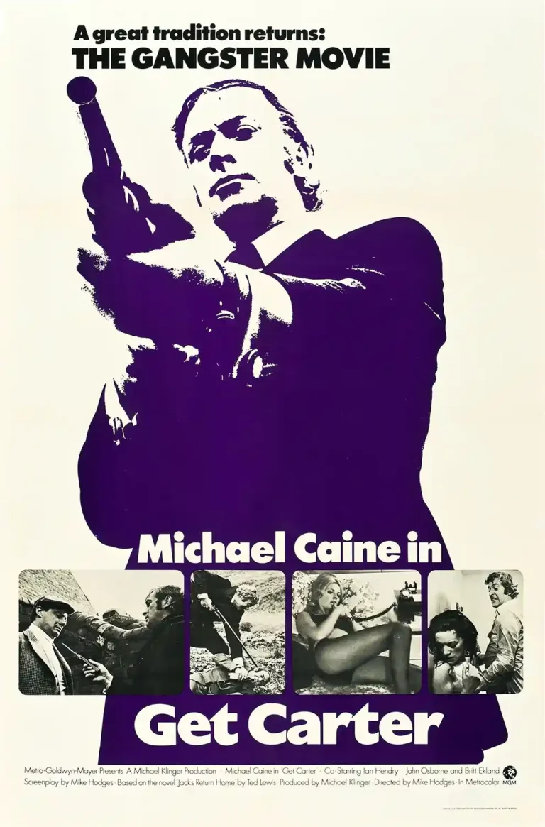 Get Carter 1971 movie poster featuring Michael Caine's iconic silhouette holding a gun in bold purple and white retro design.