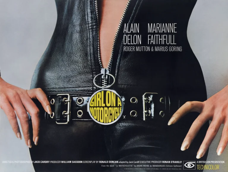 Girl On A Motorcycle 1968 film poster featuring a close-up of Marianne Faithfull in a black leather bodysuit with a prominent zipper and vintage title buckle.