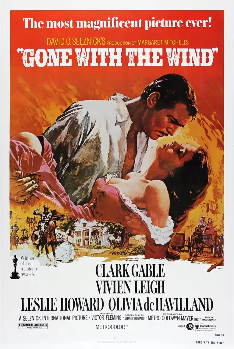 Gone With the Wind Movie poster featuring Rhett Butler passionately embracing Scarlett O'Hara against a fiery, vintage background.
