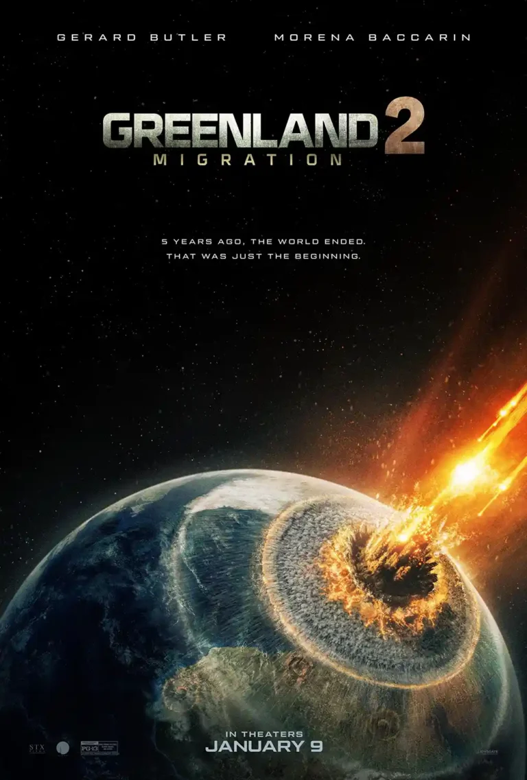 Greenland: Migration Movie poster featuring Earth being struck by a fiery meteor/comet, set against a dark starry space sky.