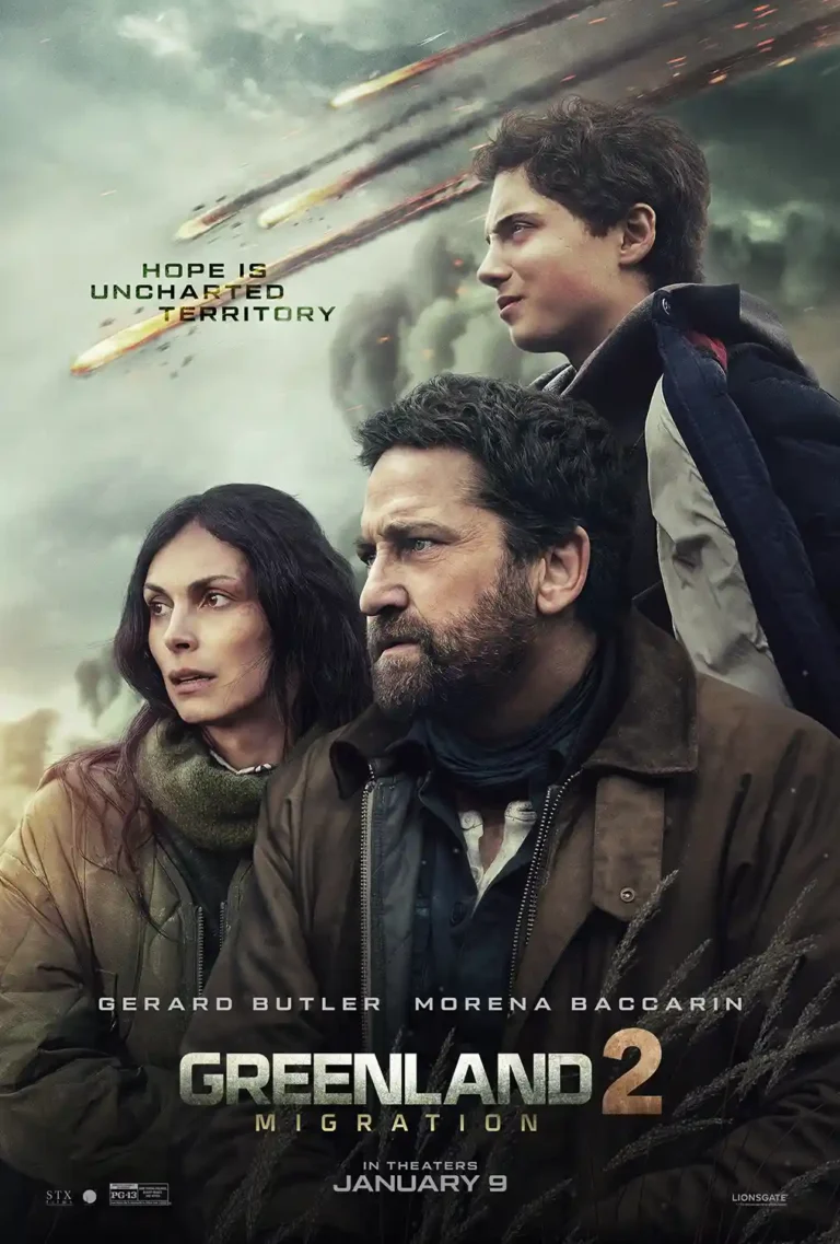 Greenland 2: Migration Movie poster featuring Gerard Butler, Morena Baccarin, and their son against a background of fiery falling meteors and a grim landscape.