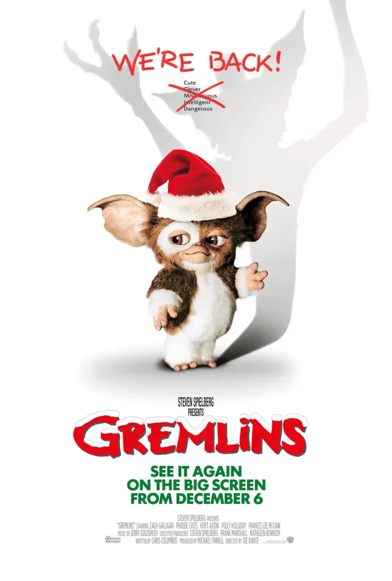 Gremlins Movie Poster featuring Gizmo the Mogwai wearing a Santa hat, standing in front of a giant, menacing Gremlin shadow.