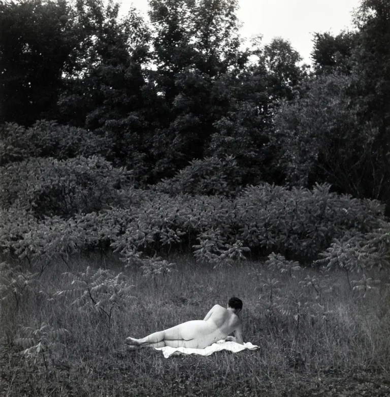 Harry Callahan Art poster featuring a black and white photograph of a nude figure lying in a grassy, wooded landscape.