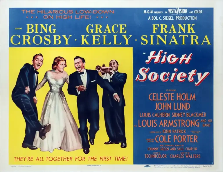 High Society (1956) classic movie poster featuring Bing Crosby, Grace Kelly, Frank Sinatra, and Louis Armstrong.