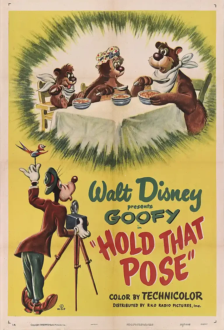 Goofy Disney cartoon movie poster from "Hold That Pose" (1950) featuring Goofy taking a photograph of three bears eating porridge.