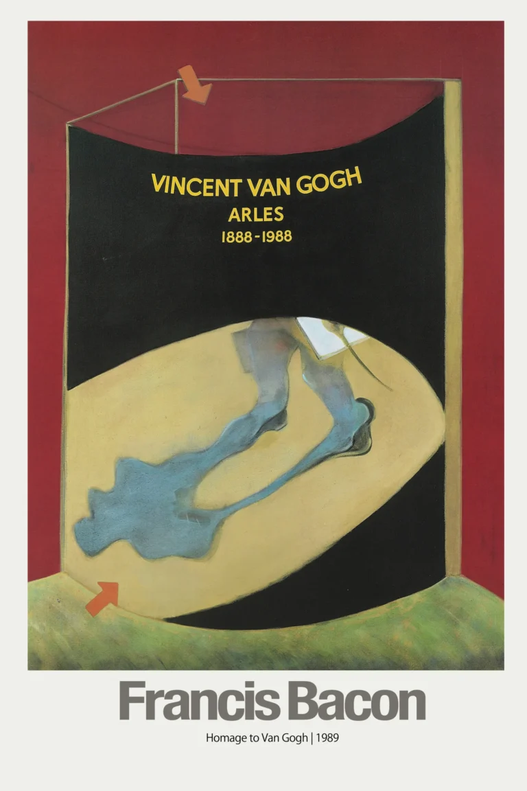 Francis Bacon Art Exhibition Poster featuring the Homage to Van Gogh work with a distorted figure silhouette against a red background and bold typography.
