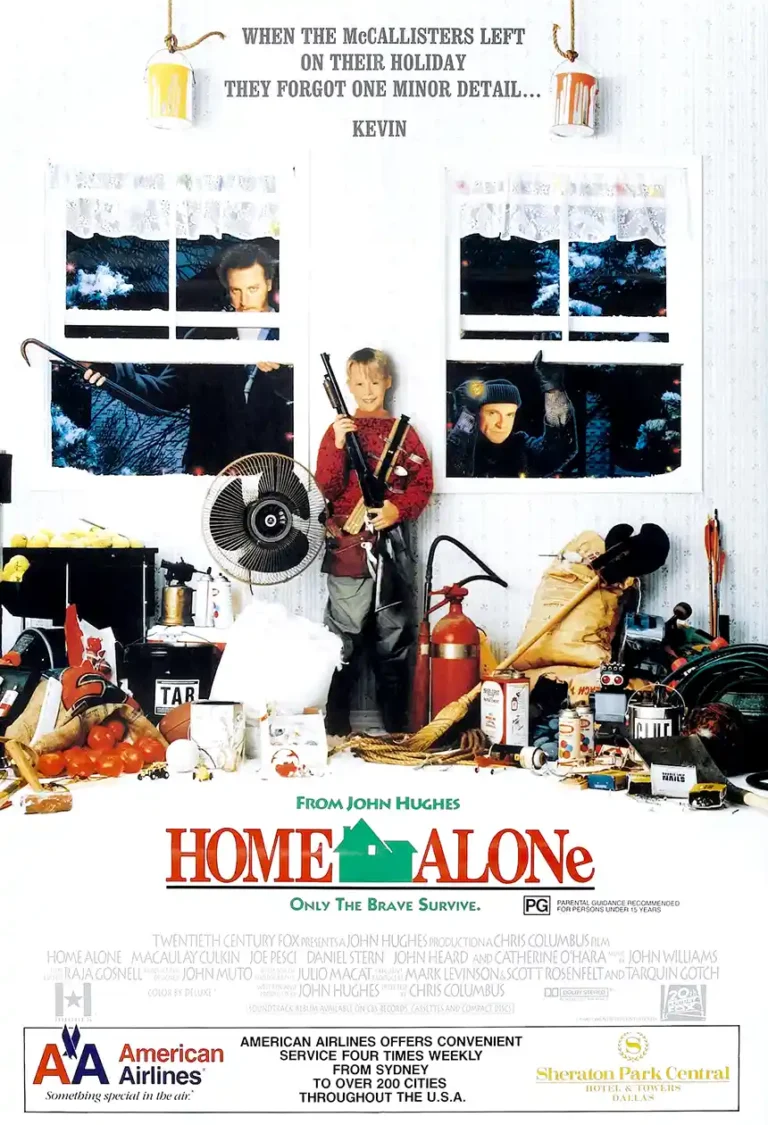 Home Alone 1990 movie poster featuring Kevin McCallister armed and ready to defend his home against the Wet Bandits, Harry and Marv, looking through the windows.