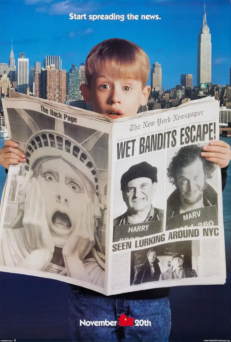 Home Alone 2: Lost in New York movie poster featuring Kevin McCallister holding a newspaper about the escaped Wet Bandits in front of the NYC skyline.