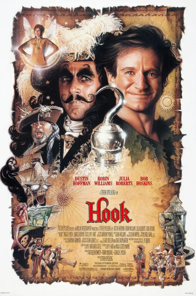 Hook 1991 Movie poster featuring close-ups of Robin Williams (Peter Pan) and Dustin Hoffman (Captain Hook) flanking a prominent silver hook.