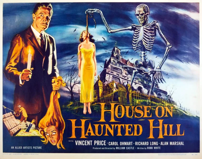 House on Haunted Hill classic horror movie poster featuring Vincent Price holding a candle, a hanging woman, and a giant skeleton towering over a spooky mansion at night.