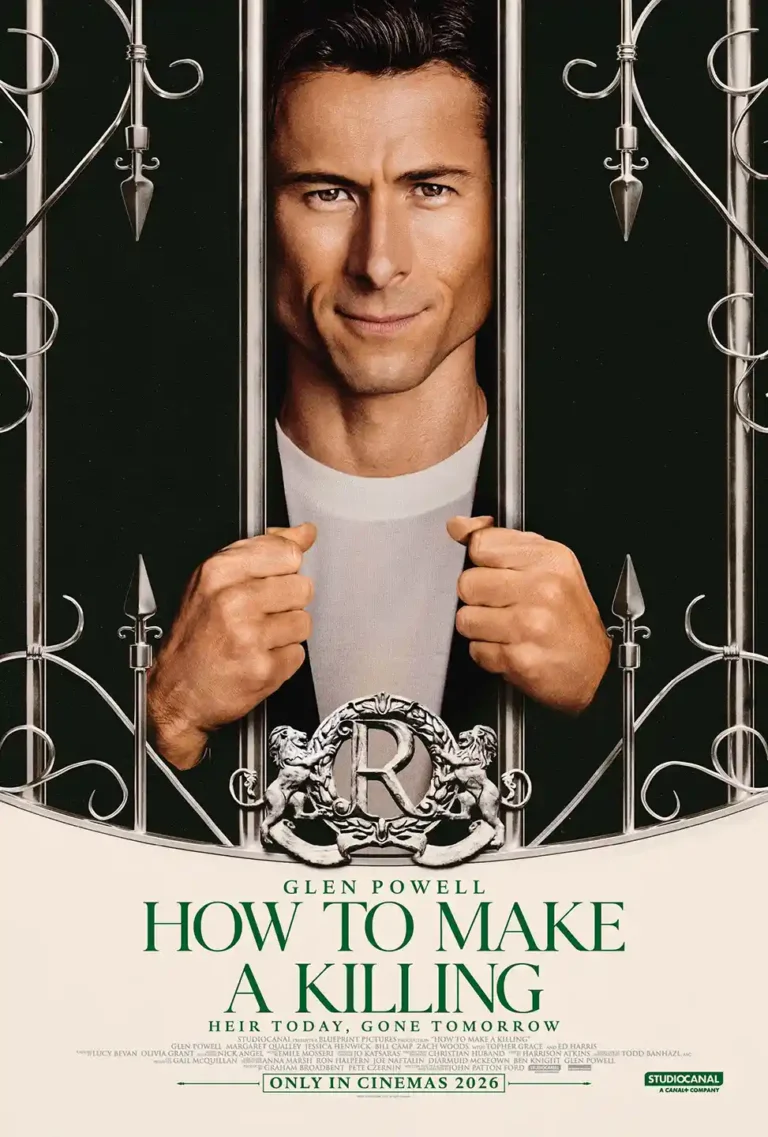 How to Make a Killing Movie poster featuring Glen Powell looking through ornate iron gates with a sly, mischievous smile.