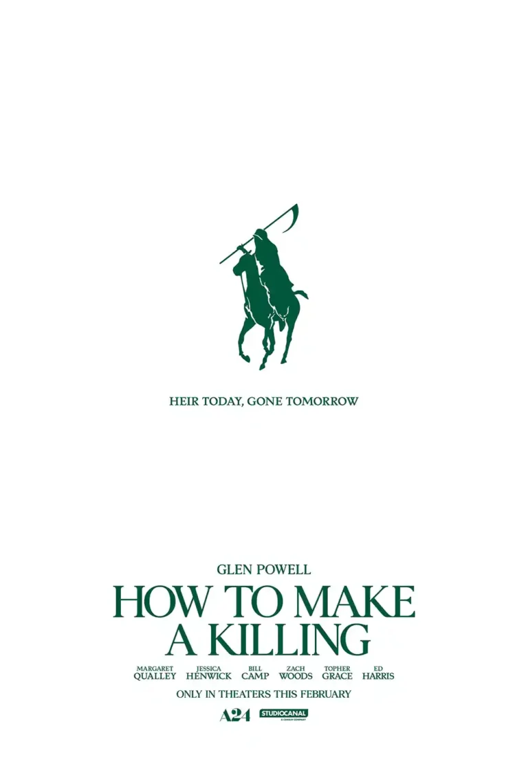 How to Make a Killing A24 movie poster featuring a minimalist green logo of the Grim Reaper riding a horse with a scythe on a white background.