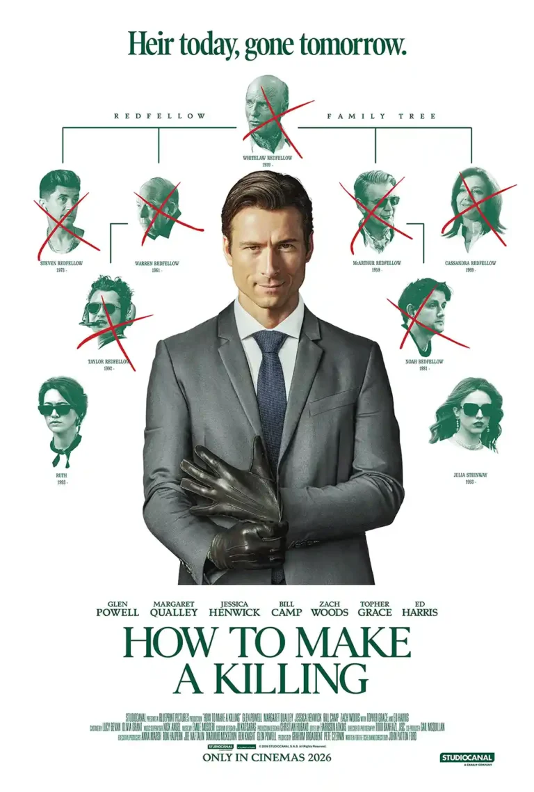 How to Make a Killing Movie poster featuring Glen Powell donning black leather gloves amidst a family tree graphic with crossed-out members, on a white background.