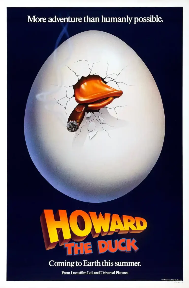 Howard the Duck 1986 Movie poster featuring a giant white egg cracking open with Howard's beak and cigar emerging, set against a dramatic dark blue background.