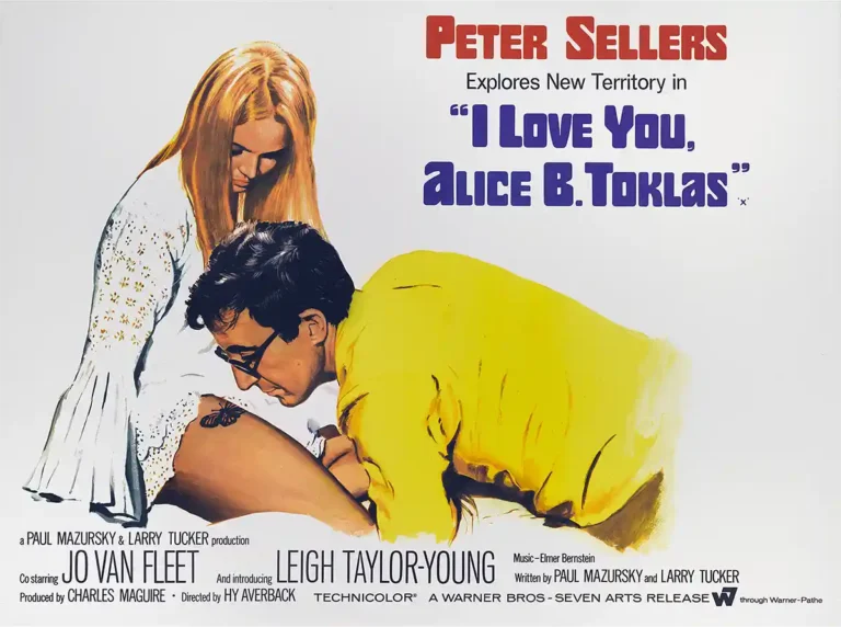 I Love You, Alice B. Toklas Movie poster featuring Peter Sellers and Leigh Taylor-Young in iconic 1960s pop-art style.