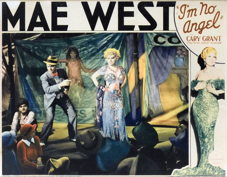 I'm No Angel Movie poster featuring Mae West and Cary Grant in a vintage colorized 1933 lobby card design for the classic Paramount film.