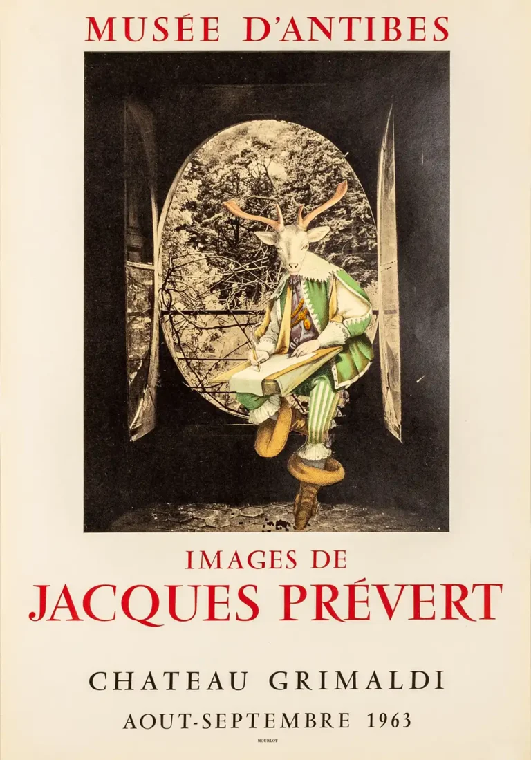 Jacques Prévert Art Exhibition poster from 1963 featuring a surreal collage of a deer-headed figure writing on a scroll in elaborate green and yellow costume.