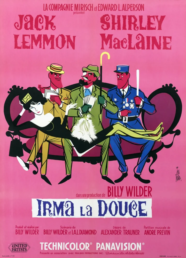 Irma la Douce Movie Poster featuring a vibrant 1963 French illustration of Shirley MacLaine and Jack Lemmon's characters in caricature style against a bright pink background.