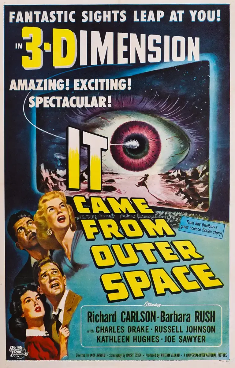 It Came From Outer Space 1953 classic movie poster featuring a giant alien eye and four terrified human characters looking up in horror.