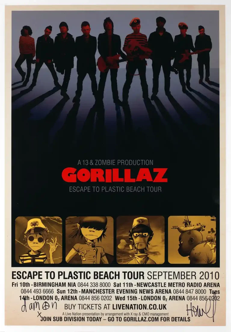 Gorillaz music tour poster from the 2010 'Escape to Plastic Beach' tour, featuring silhouettes of the live band and cartoon character profiles.