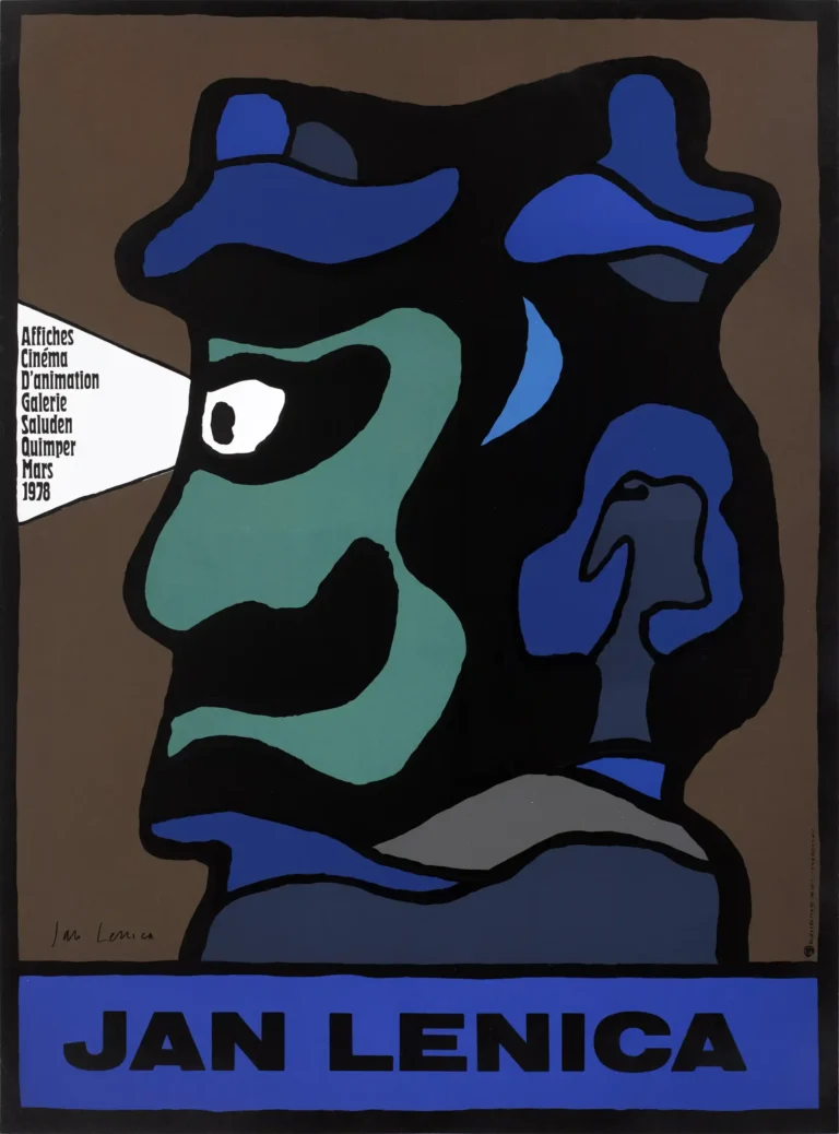 Jan Lenica Graphic Design poster featuring a large, abstract head silhouette in deep blue and teal with a powerful white light beam projecting from the eye.