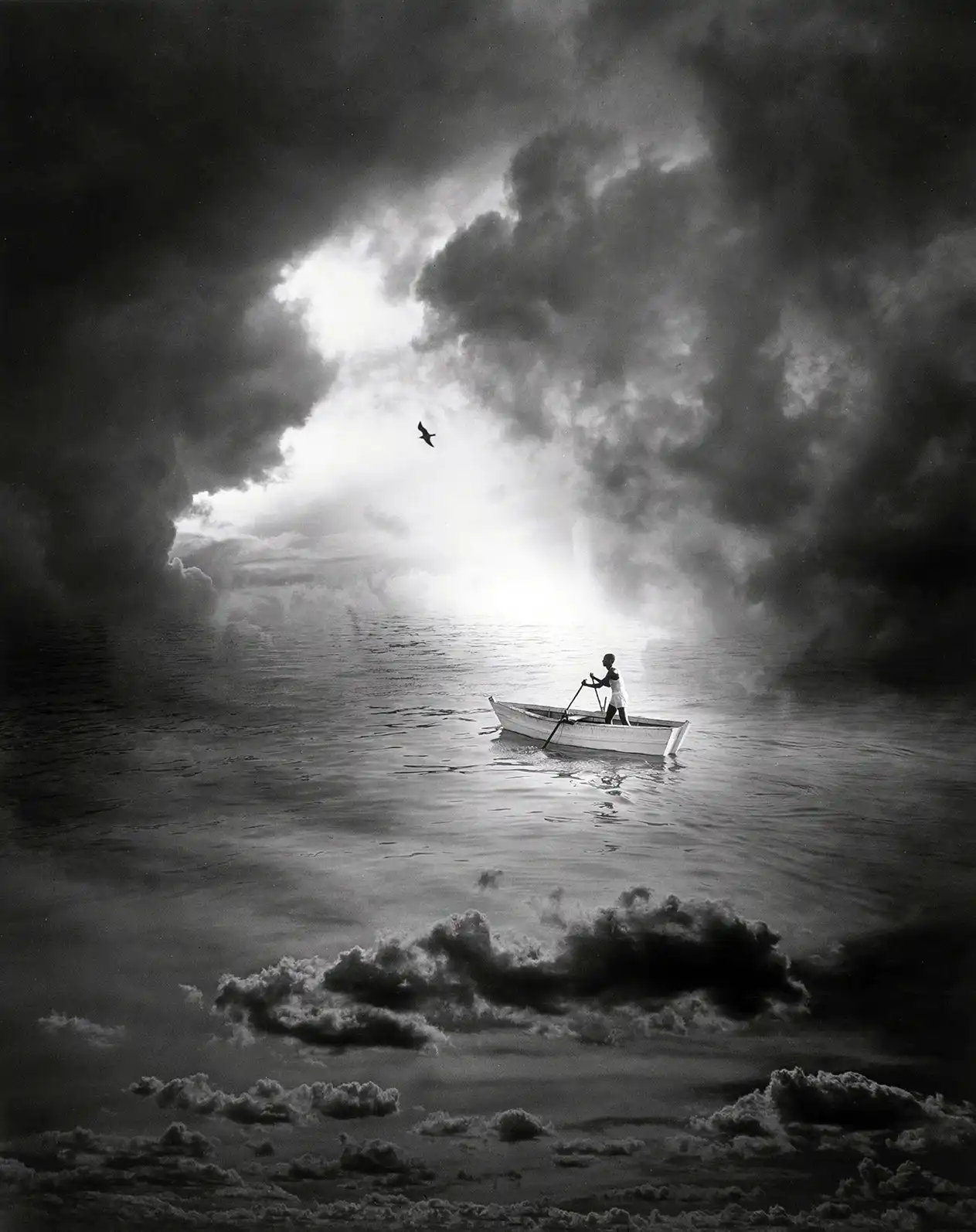 Jerry Uelsmann print — Untitled rowboat 1995, surreal photography art darkroom composite black and white print