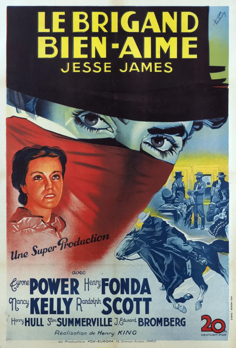 Jesse James 1939 French movie poster featuring masked eyes peering over a red bandana, a running horse, and co-star Henry Fonda.