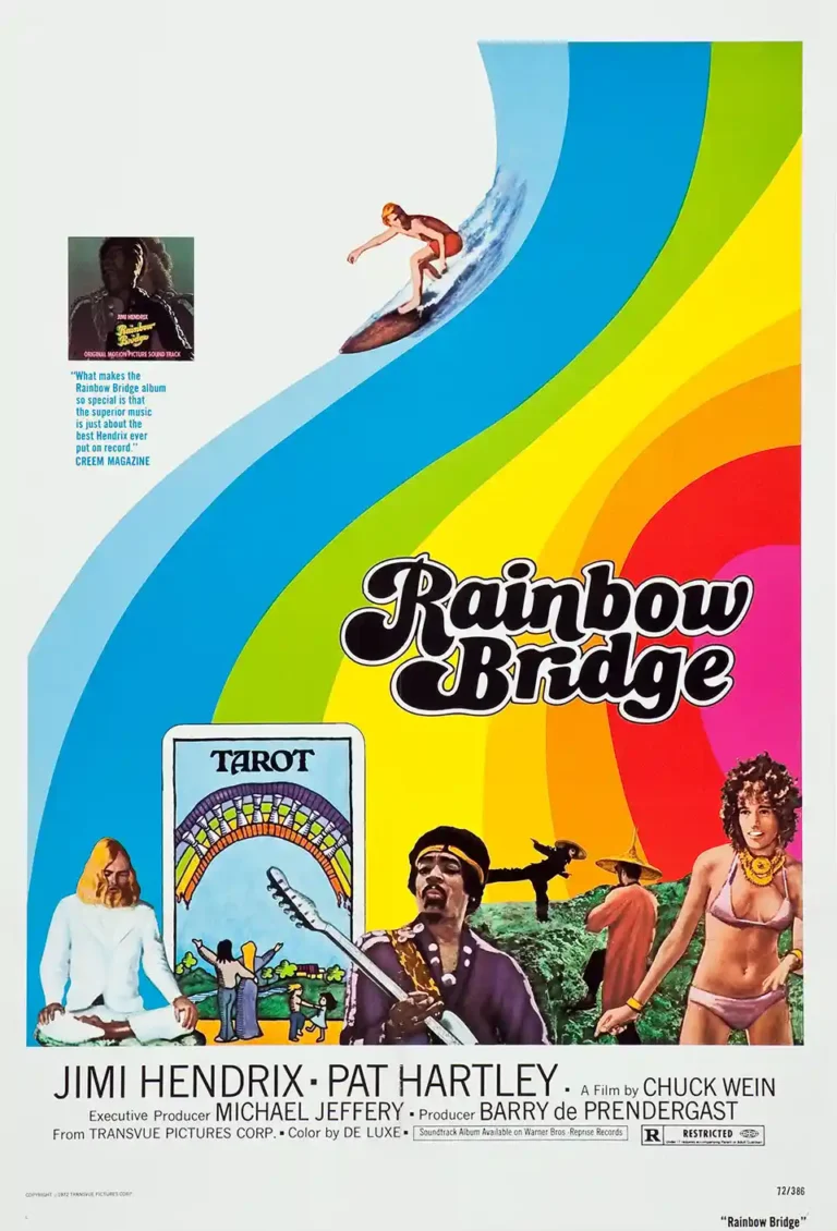 Rainbow Bridge movie poster featuring Jimi Hendrix, a giant rainbow wave, surfers, and 1970s psychedelic graphic design.