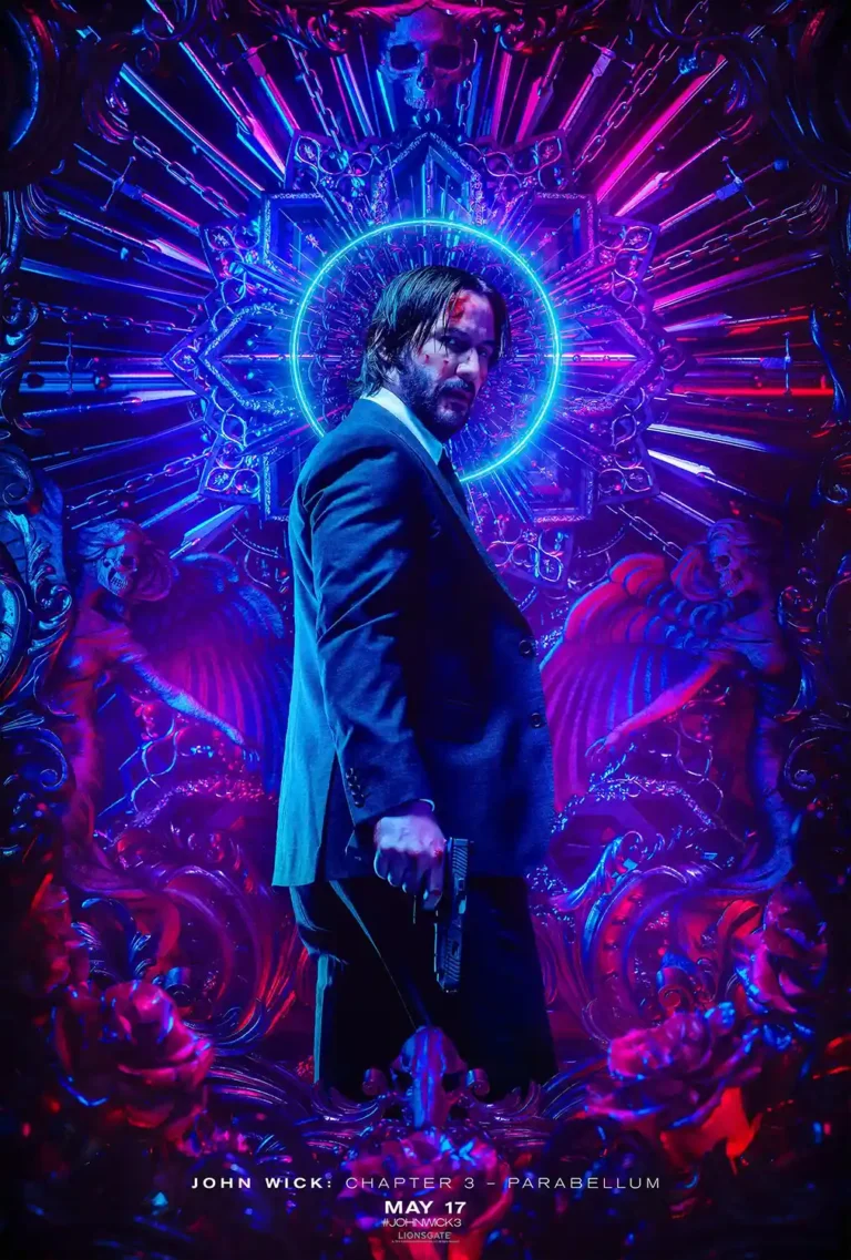 John Wick: Chapter 3 Parabellum movie poster featuring Keanu Reeves surrounded by a neon blue halo and magenta baroque shrine art.