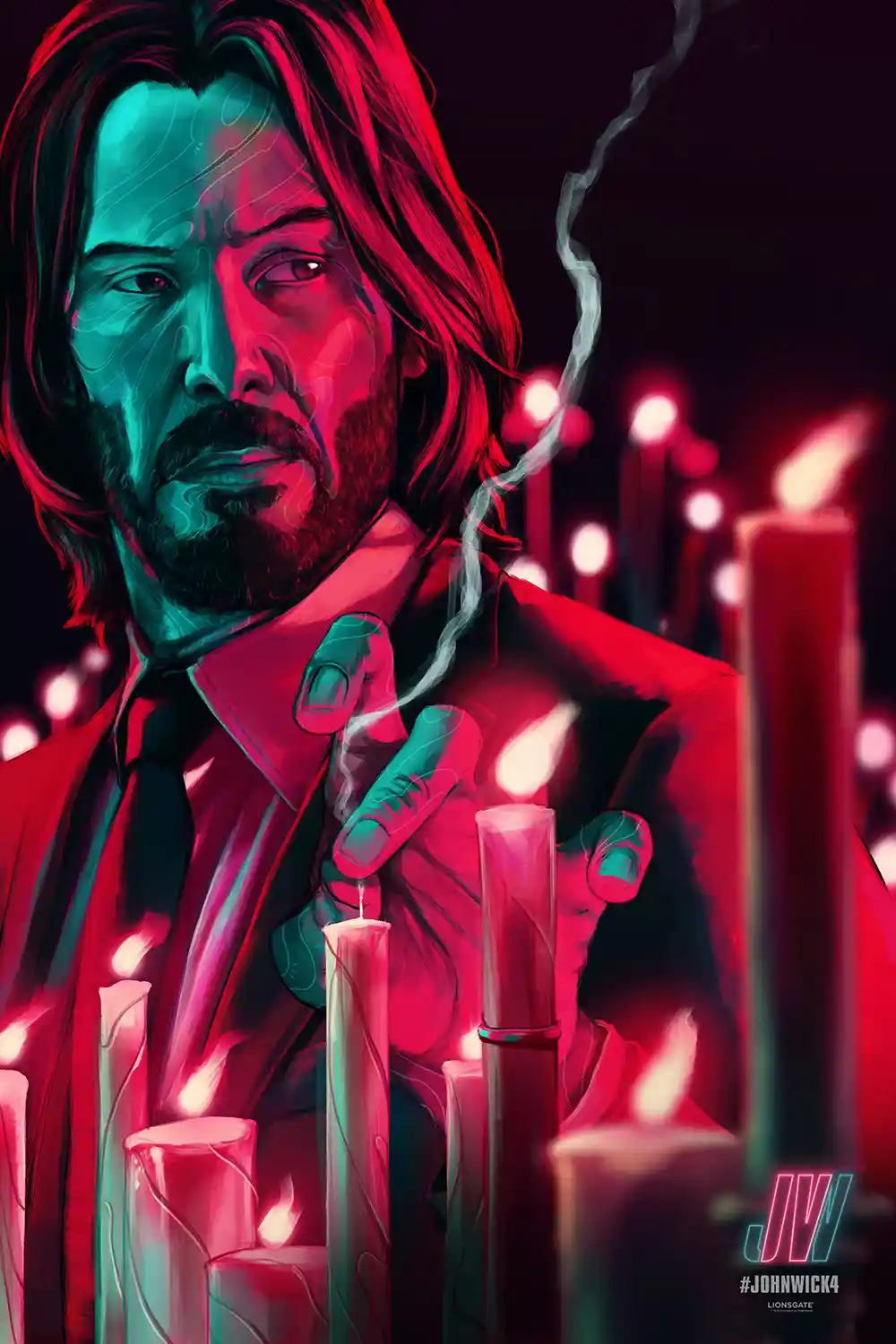 John Wick: Chapter 4 | Movie Poster | Neon Cyan & Red Candle Art