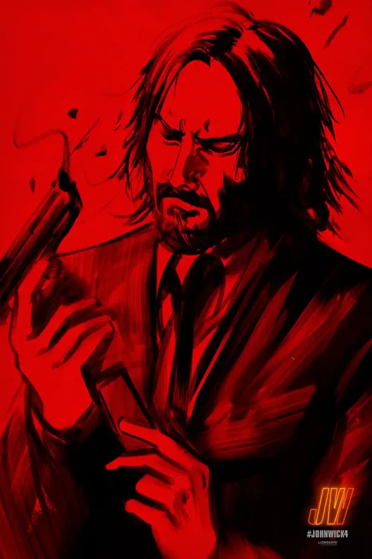 John Wick Chapter 4 movie poster featuring a close-up, dramatic crimson and black illustration of Keanu Reeves reloading a firearm.