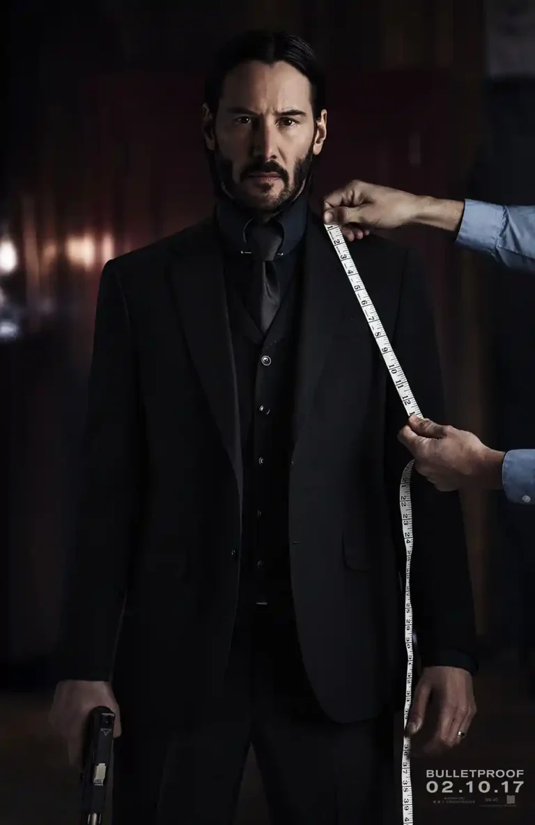 John Wick Chapter 2 movie poster featuring Keanu Reeves in a black suit being measured by a tailor while holding a gun.