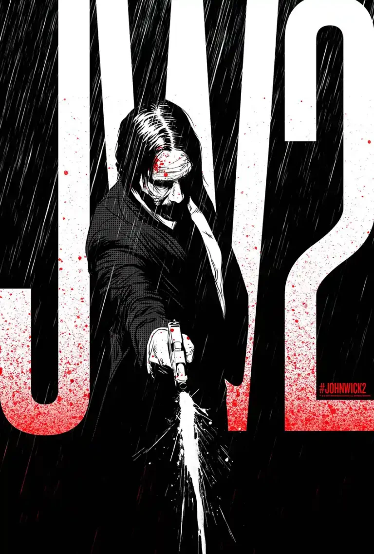 John Wick: Chapter 2 movie poster featuring a high-contrast, black and white illustration of John Wick aiming a gun in the rain with red blood splatters.