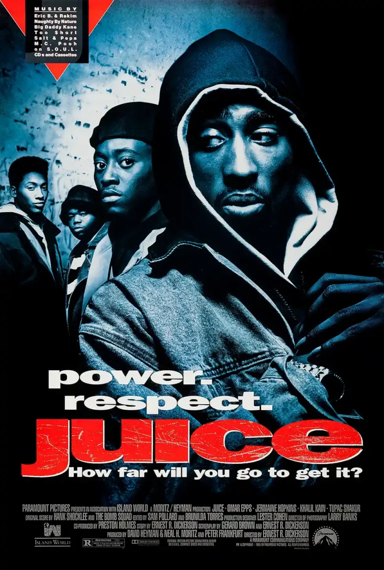 Juice 1992 movie poster featuring a close-up of Tupac Shakur (Bishop) wearing a hood, alongside Omar Epps. Gritty blue aesthetic and bold red title typography.