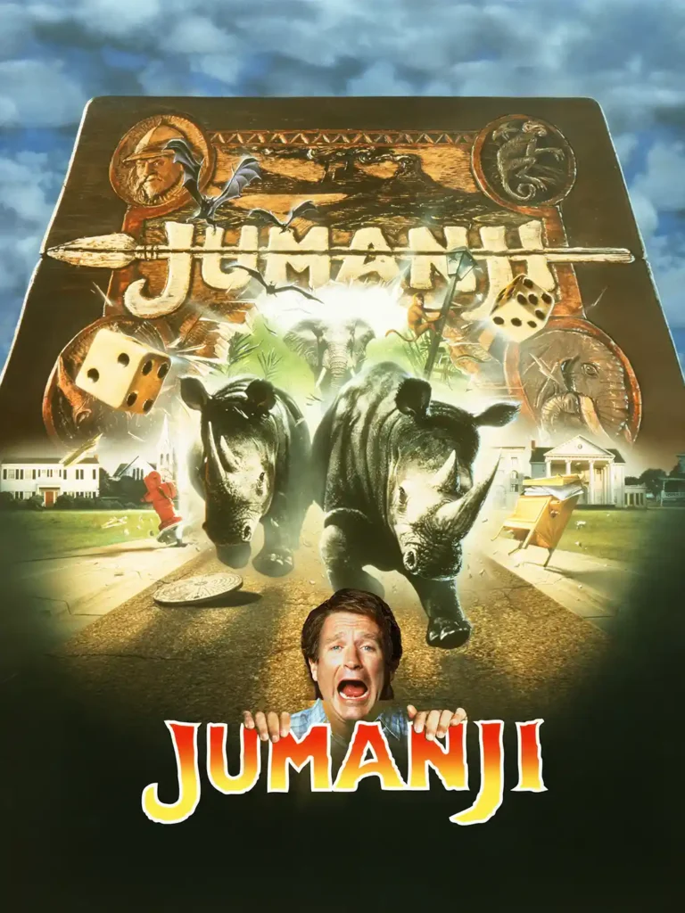 Jumanji 1995 Movie poster featuring a terrified Robin Williams, two charging rhinoceroses, and the iconic wooden board game box.