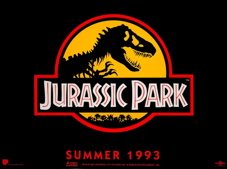 Jurassic Park Movie poster featuring the iconic T-Rex skeleton logo in black and yellow on a dark background, referencing the 1993 film.