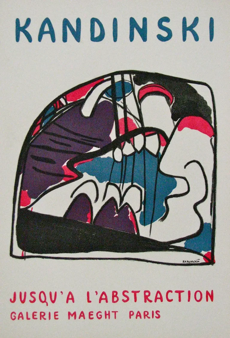 Wassily Kandinsky Art Exhibition poster featuring bold, expressive abstract shapes in purple, blue, and black outlines with red accents.