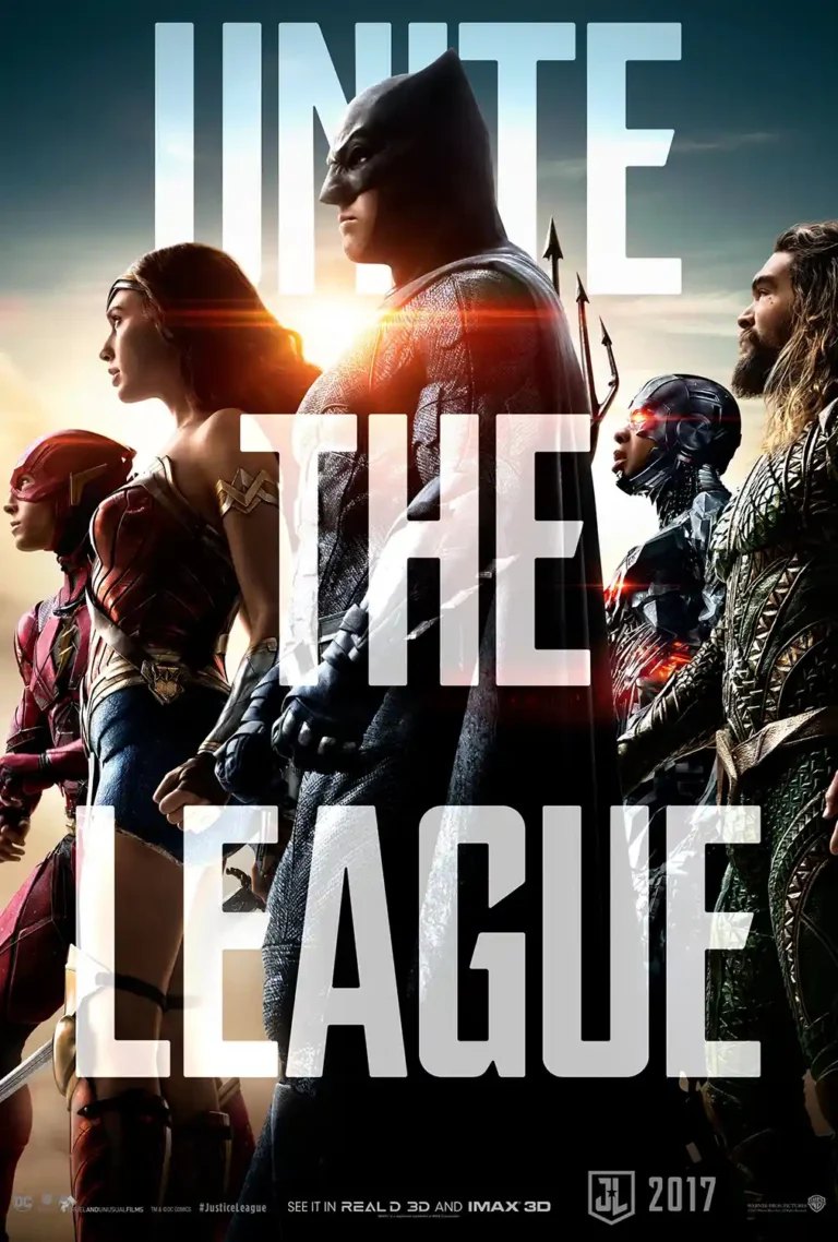 Justice League 2017 Movie poster featuring Batman, Wonder Woman, The Flash, Aquaman, and Cyborg standing united against a bright sky.