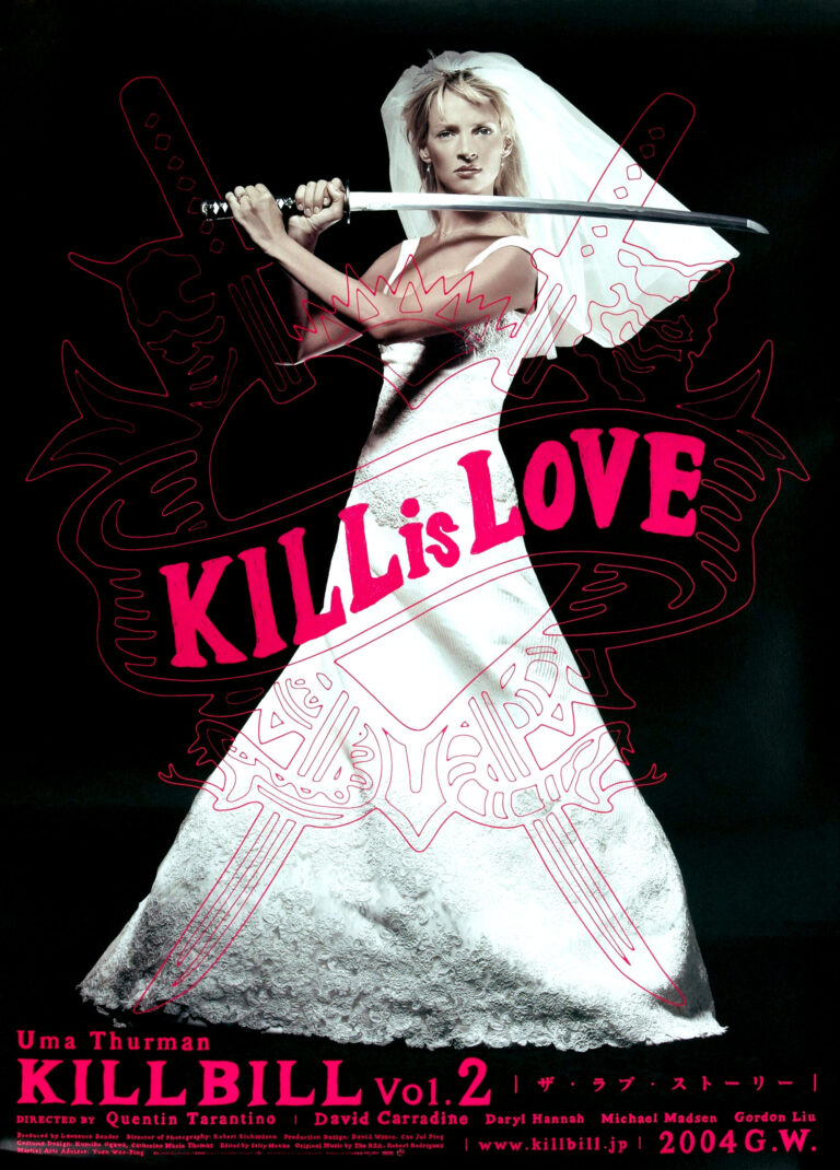 Kill Bill Vol. 2 Movie poster featuring Uma Thurman as The Bride in a white wedding dress holding a samurai sword.